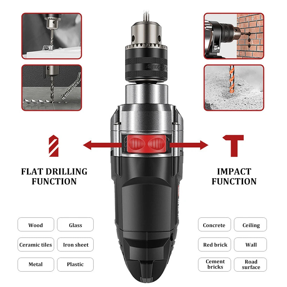AC 110V/220V Multifunction Electric Drill Powerful Impact Drill Electric Hammer Infinitely Variable Speed Power Tools EU/US Plug