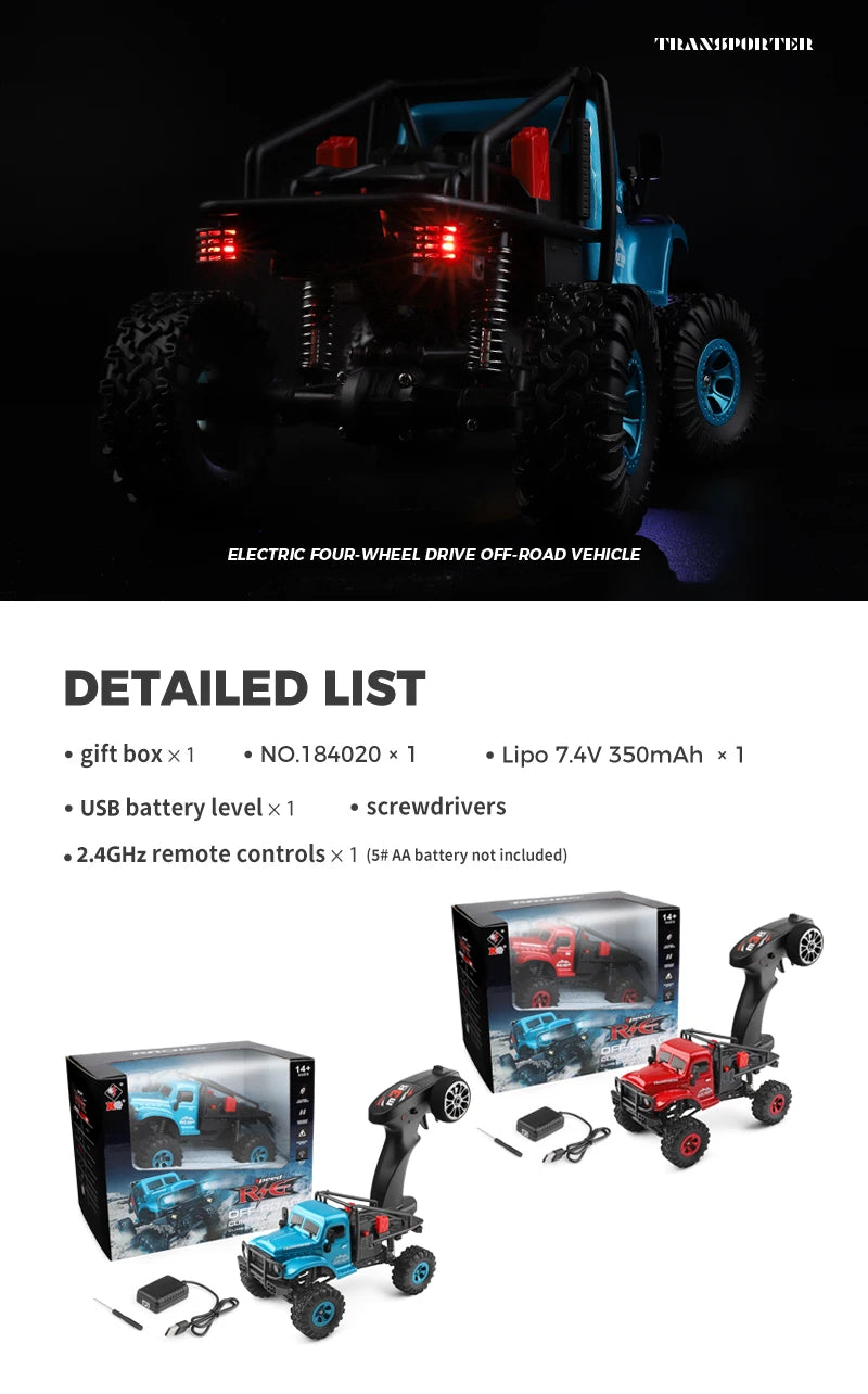 Wltoys 184020 1:18 Mini RC Car 2.4G With LED Lights 4WD Off-Road Electric Crawler Vehicle Remote Control Truck Toy for Children