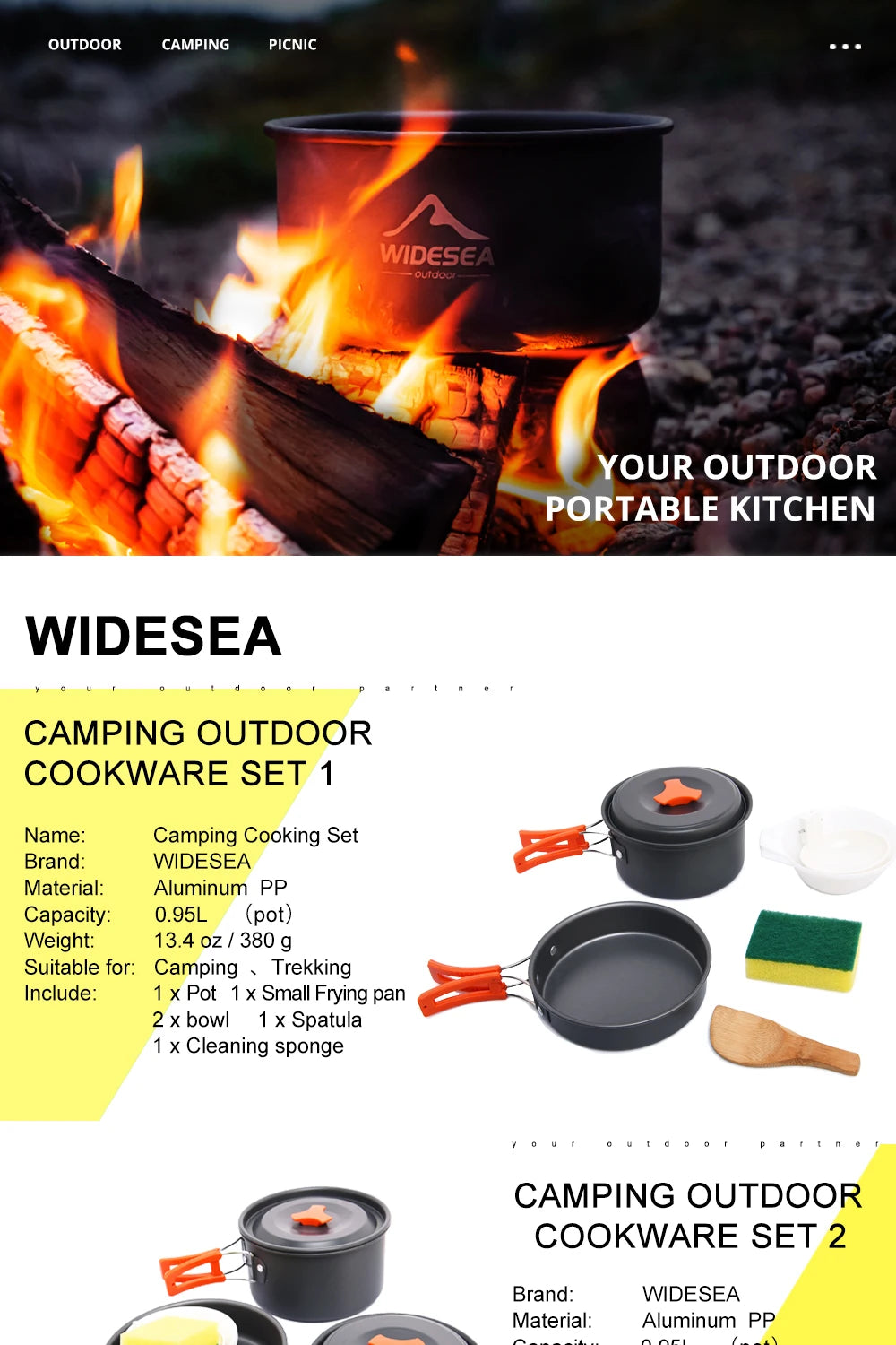 Widesea Camping Soup Pot Outdoor Teapot Cookware Pan Set Tableware Cutlery Utensils Hiking Picnic Travel Equipment Cooker