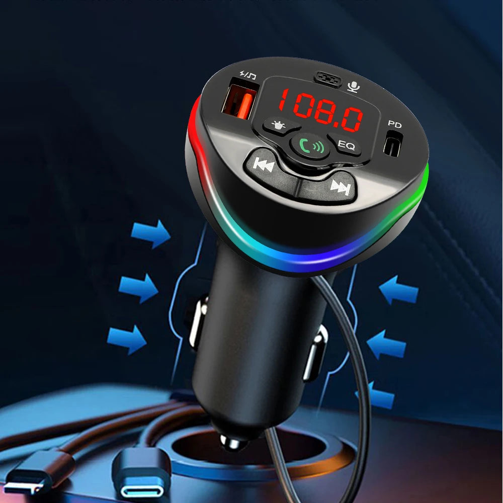 Bluetooth 5.0 Car FM Transmitter Hands-free Call MP3 Radio Modulator 3 in 1 Spring Cable Charger USB PD Car Charger for iPhone