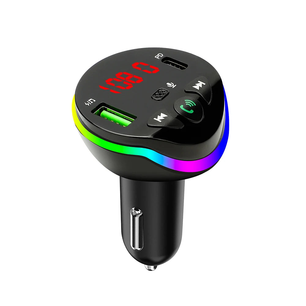 Bluetooth 5.0 Car FM Transmitter Hands-free Call MP3 Radio Modulator 3 in 1 Spring Cable Charger USB PD Car Charger for iPhone