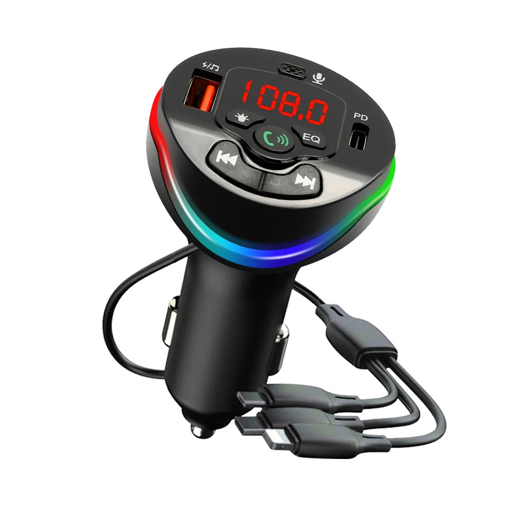 Bluetooth 5.0 Car FM Transmitter Hands-free Call MP3 Radio Modulator 3 in 1 Spring Cable Charger USB PD Car Charger for iPhone
