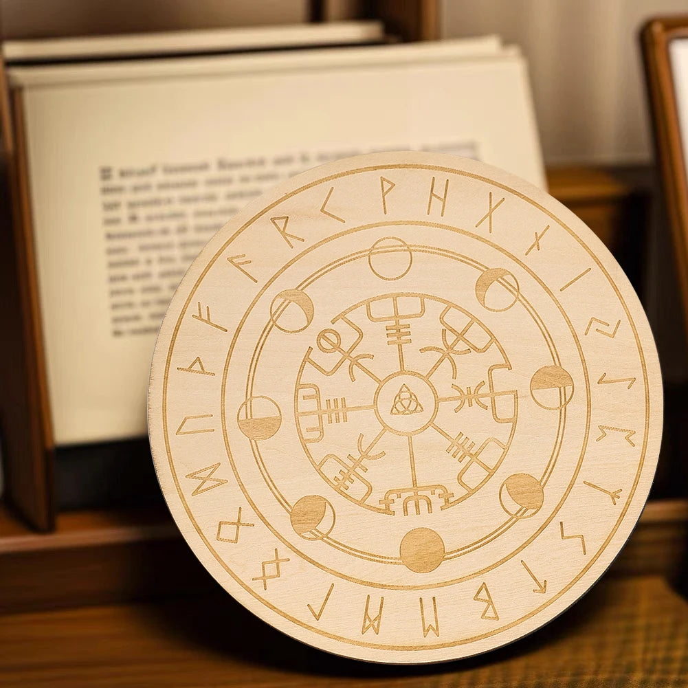 Black Round Wooden Board Laser Engraved Rune Coaster Yoga Meditation Board Healing Table Mat Spiritual Pendulum Divination Tool