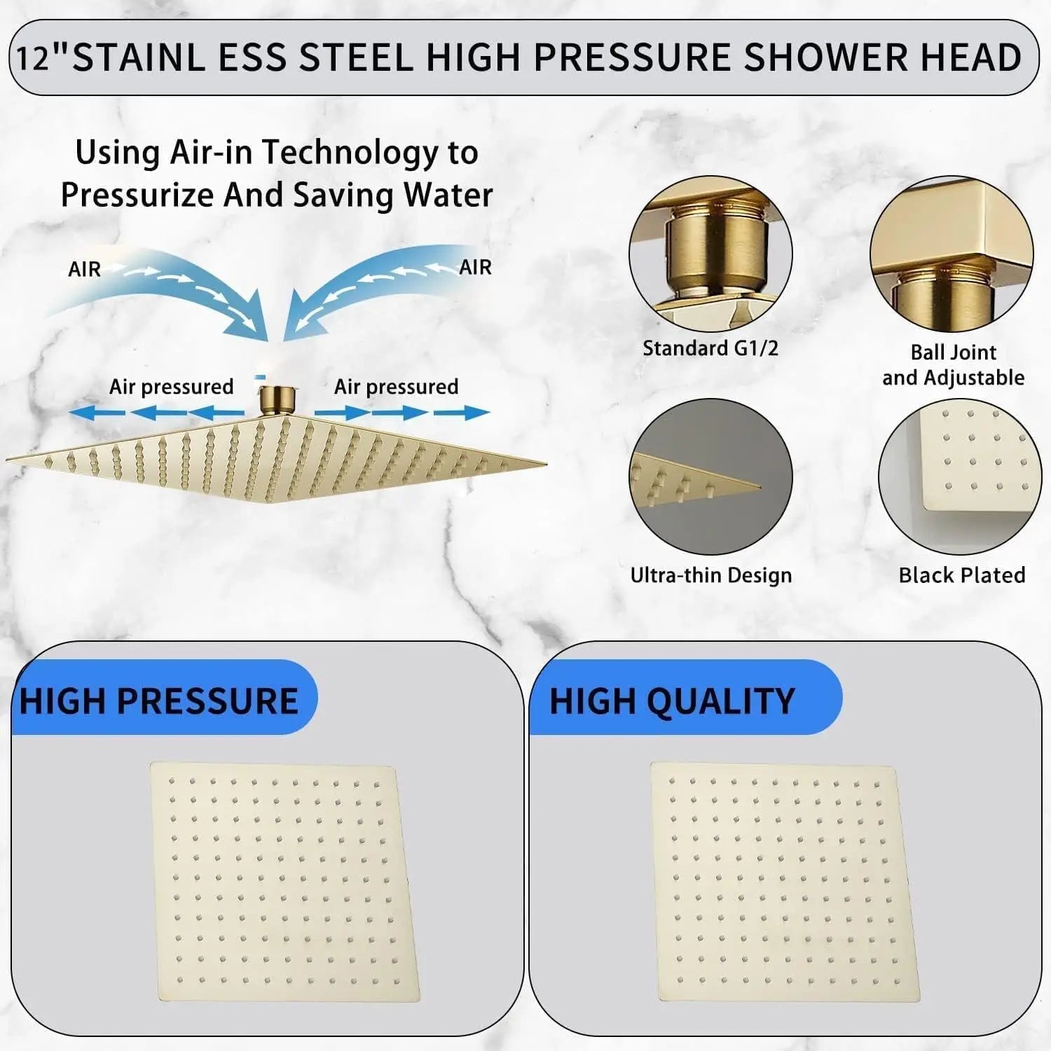 BAKALA 8/10/12Inch Water Powered Rain Shower Head Bathroom Square Brush gold Shower head. stainless steel shower head