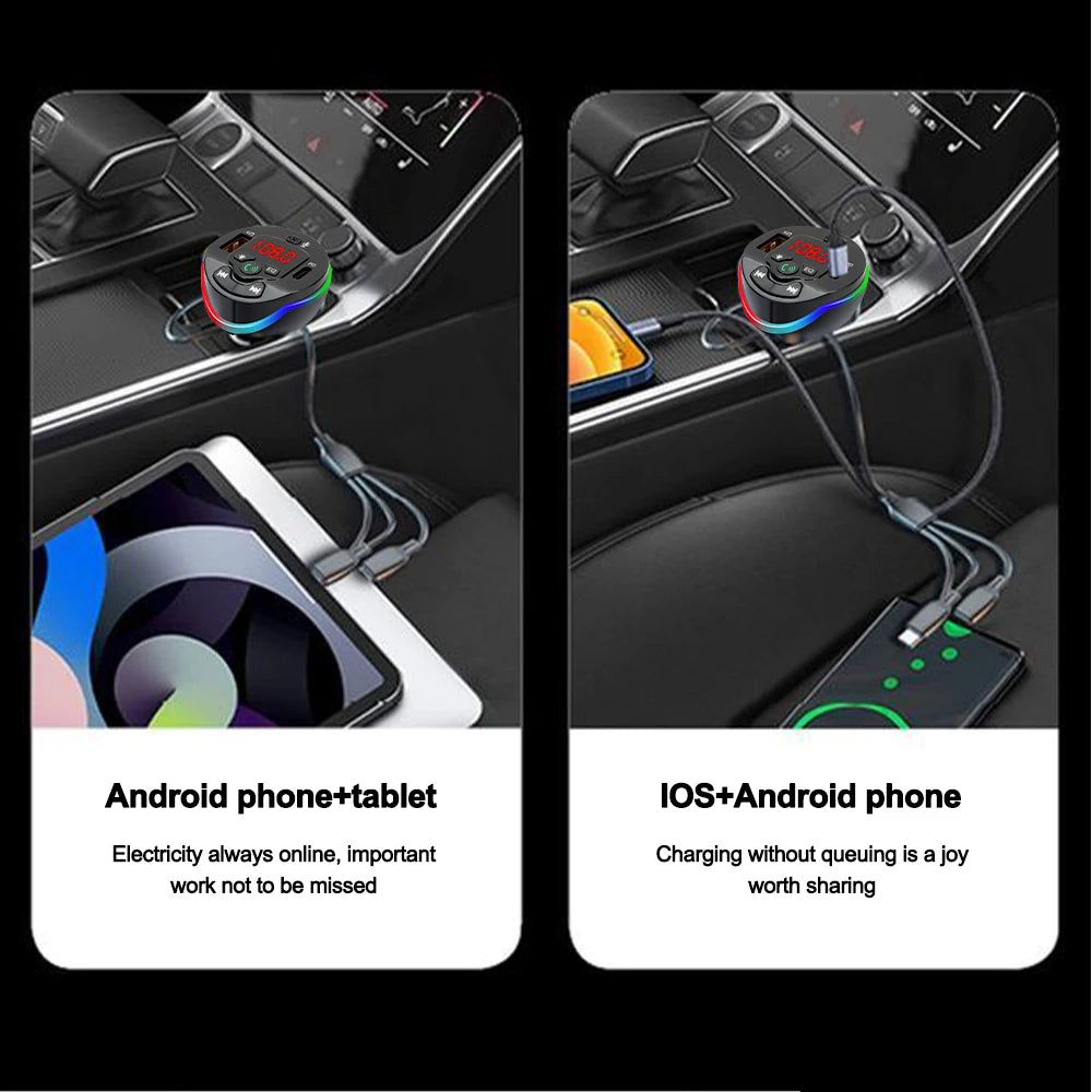 Bluetooth 5.0 Car FM Transmitter Hands-free Call MP3 Radio Modulator 3 in 1 Spring Cable Charger USB PD Car Charger for iPhone