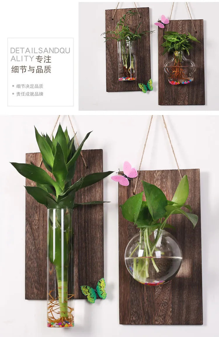 Wood Glass Wall Vases Indoor Wood Hanging Vase,Wall Decor for Bathroom Office and Living Room, Farmhouse Sconces Wall Decor