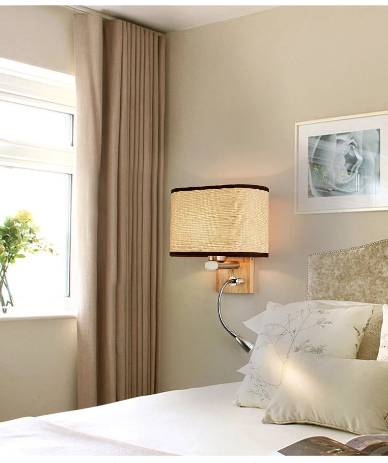 Wooden Wall Light With Oval/Rectangle Fabric Shade Base Switch Hotel Room Bedroom Frosted-glass Wall Sconce 1W Reading Spotlight