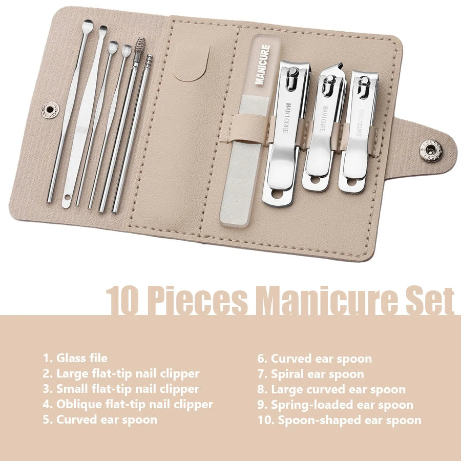10Pcs Stainless Steel Nail Clipper Set - Manicure Pedicure Kit with Travel Case Curved Ear Spoon Nail Care Tools