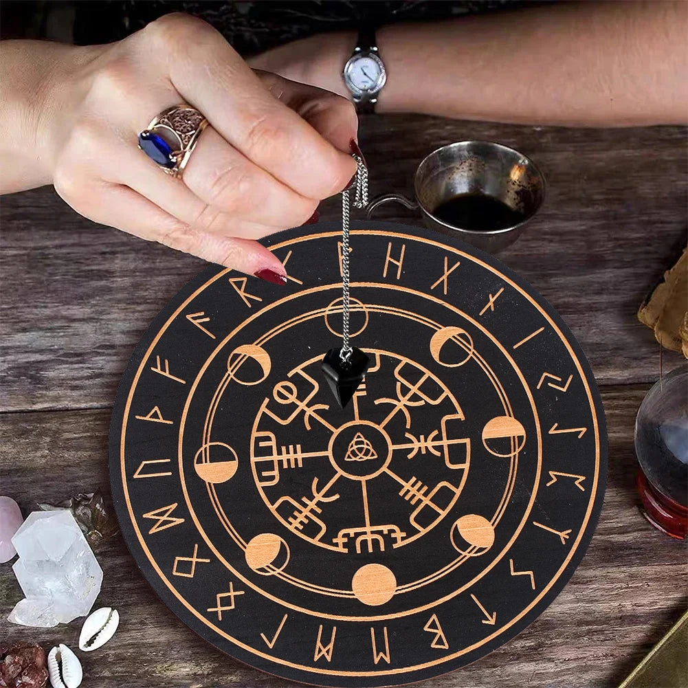 Black Round Wooden Board Laser Engraved Rune Coaster Yoga Meditation Board Healing Table Mat Spiritual Pendulum Divination Tool
