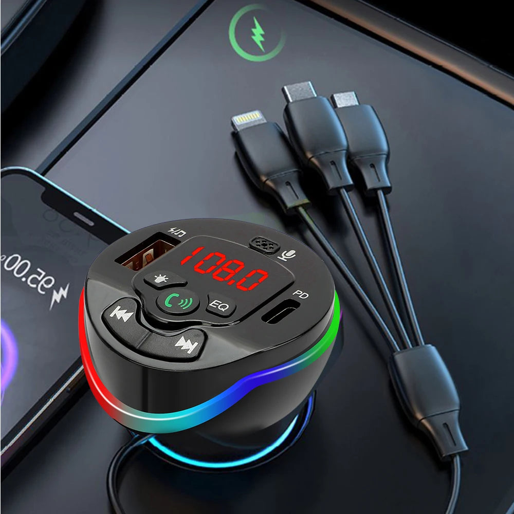 Bluetooth 5.0 Car FM Transmitter Hands-free Call MP3 Radio Modulator 3 in 1 Spring Cable Charger USB PD Car Charger for iPhone