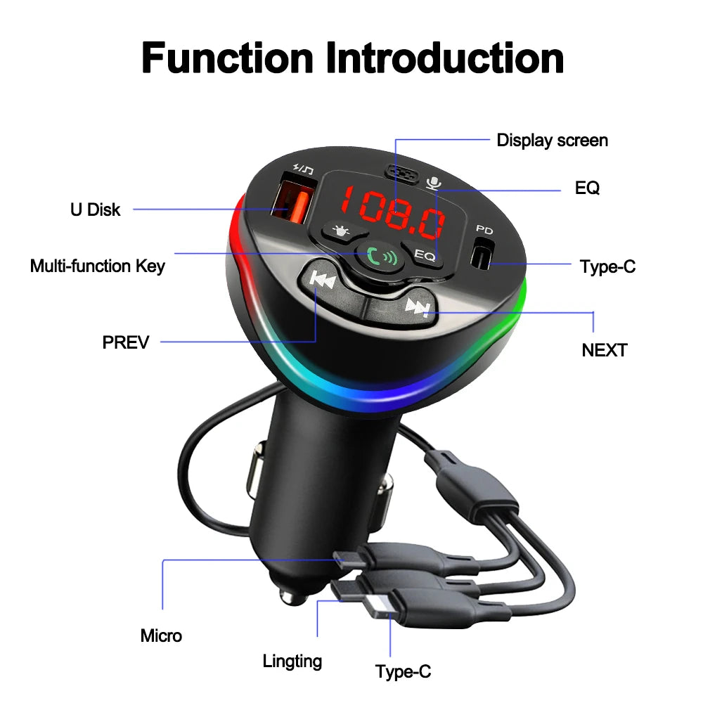 Bluetooth 5.0 Car FM Transmitter Hands-free Call MP3 Radio Modulator 3 in 1 Spring Cable Charger USB PD Car Charger for iPhone