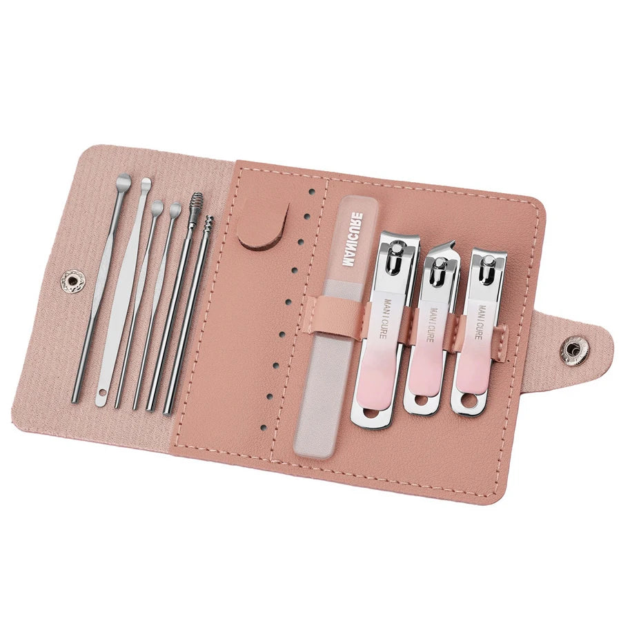 10Pcs Stainless Steel Nail Clipper Set - Manicure Pedicure Kit with Travel Case Curved Ear Spoon Nail Care Tools