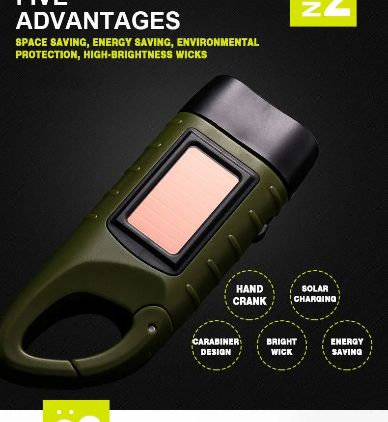 LED Flashlight Hand Crank Solar Powered Rechargeable Survival Gear Self Powered Charging Torch Dynamo for Fishing Boating Hiking