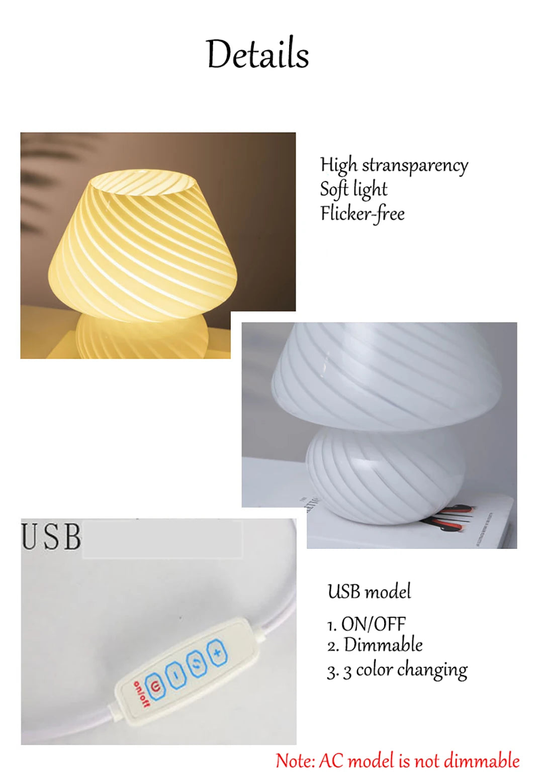 AC-Powered Large Glass Mushroom Lamp LED Mushroom Desk Light with E27 Tricolored Bulb Classic Nightstand Light for Room Decor