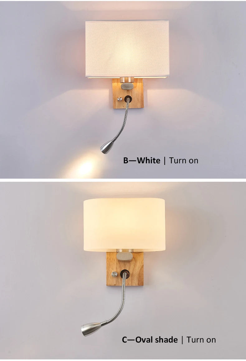Wooden Wall Light With Oval/Rectangle Fabric Shade Base Switch Hotel Room Bedroom Frosted-glass Wall Sconce 1W Reading Spotlight