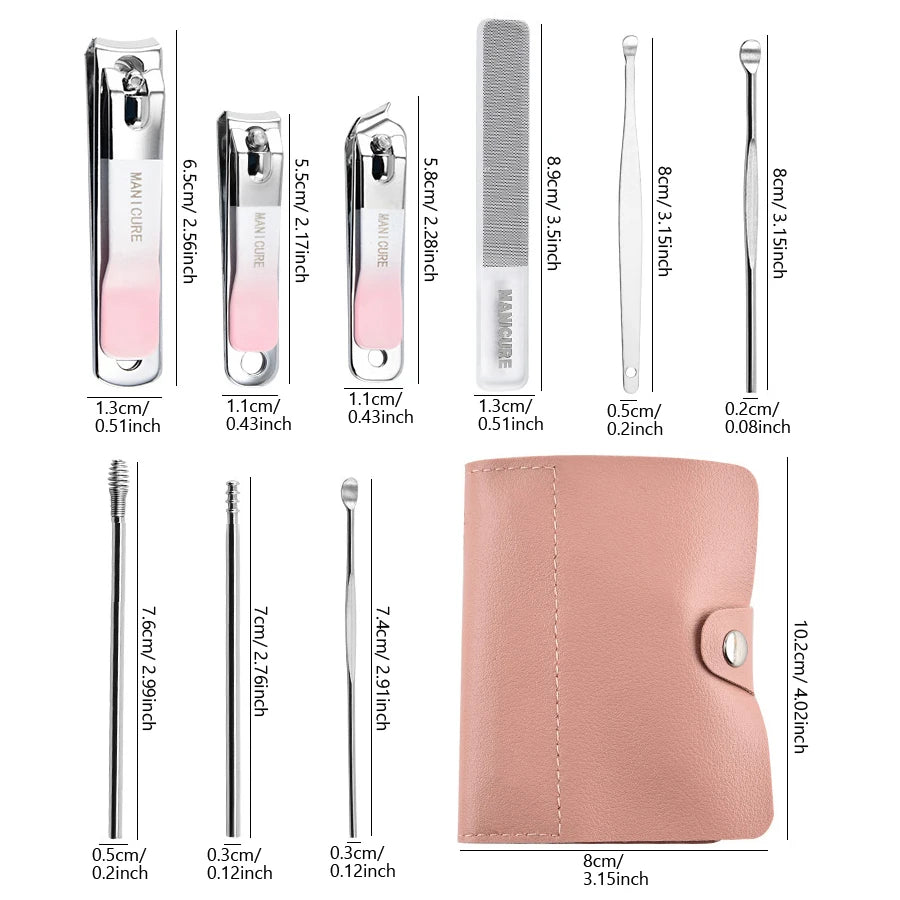 10Pcs Stainless Steel Nail Clipper Set - Manicure Pedicure Kit with Travel Case Curved Ear Spoon Nail Care Tools