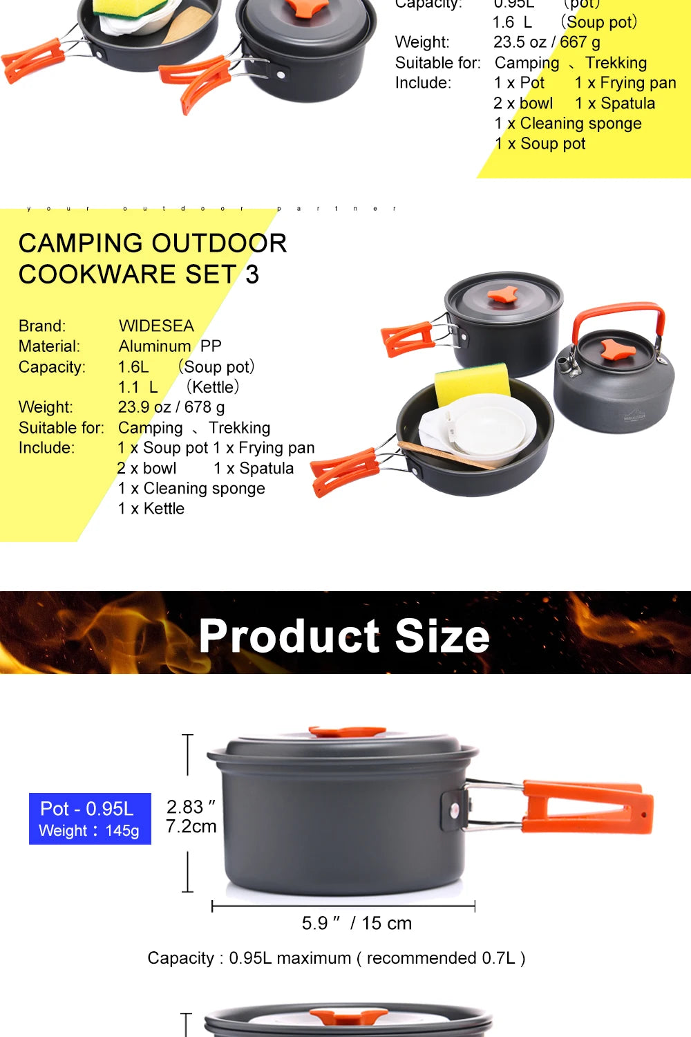 Widesea Camping Soup Pot Outdoor Teapot Cookware Pan Set Tableware Cutlery Utensils Hiking Picnic Travel Equipment Cooker