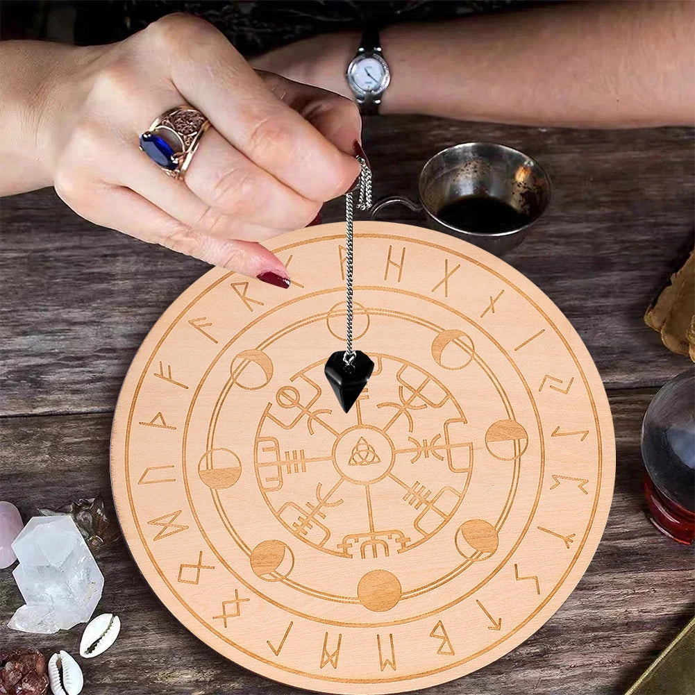 Black Round Wooden Board Laser Engraved Rune Coaster Yoga Meditation Board Healing Table Mat Spiritual Pendulum Divination Tool