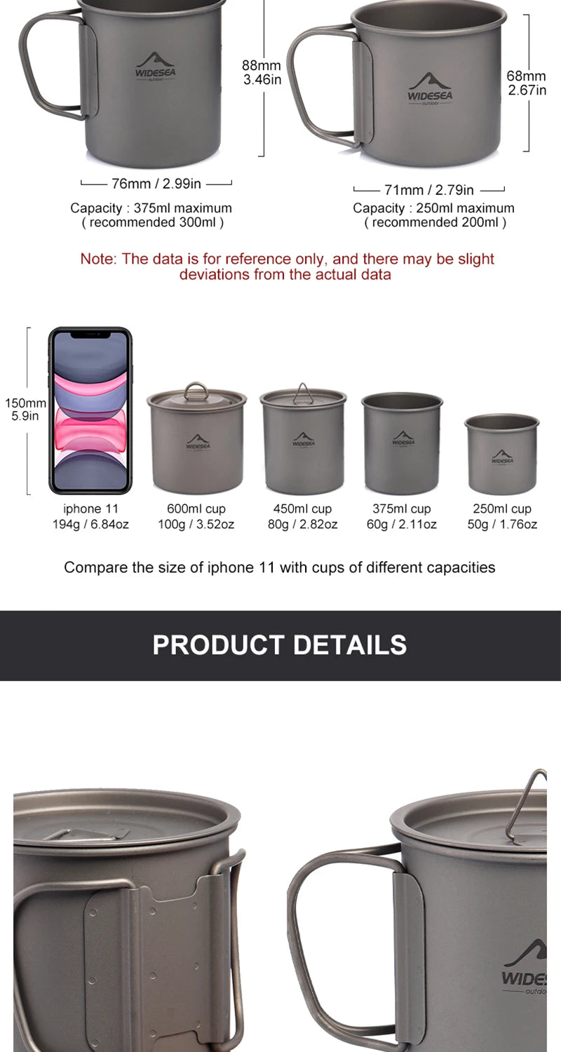 Widesea Camping Titanium Kettle Outdoor Tea Coffee Kettle Tableware Pot Supplies Tourist Dishes Hiking Cooking Equipment