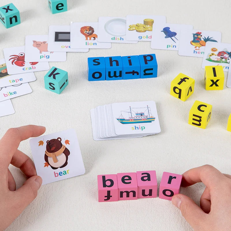 Montessori Wooden Word Spelling Game Learning Toy Alphabet Block with 54 Cards Parent-child Interactive Puzzles Toys Kids Gifts