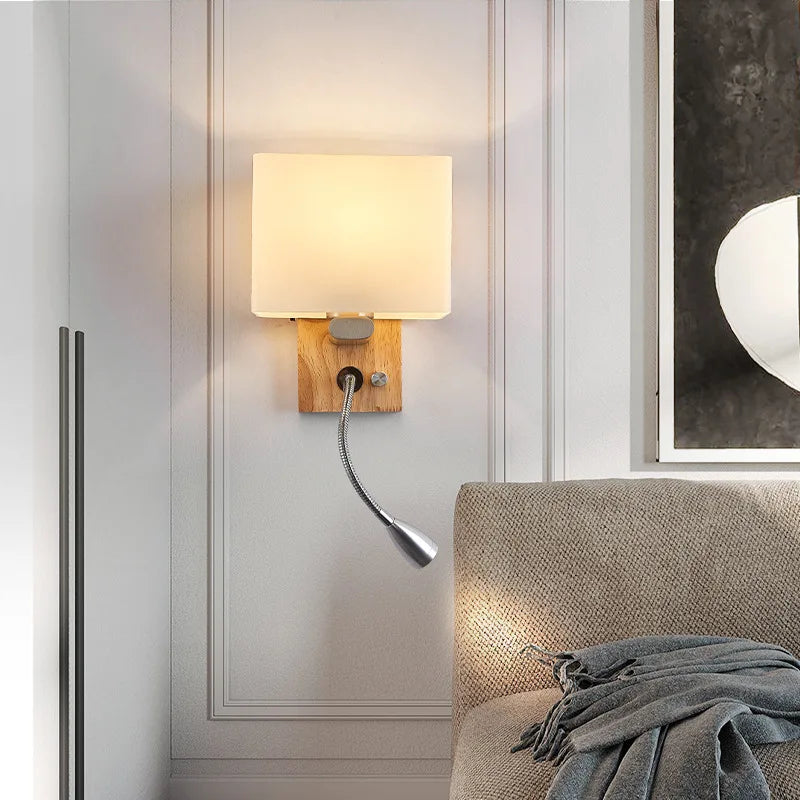 Wooden Wall Light With Oval/Rectangle Fabric Shade Base Switch Hotel Room Bedroom Frosted-glass Wall Sconce 1W Reading Spotlight