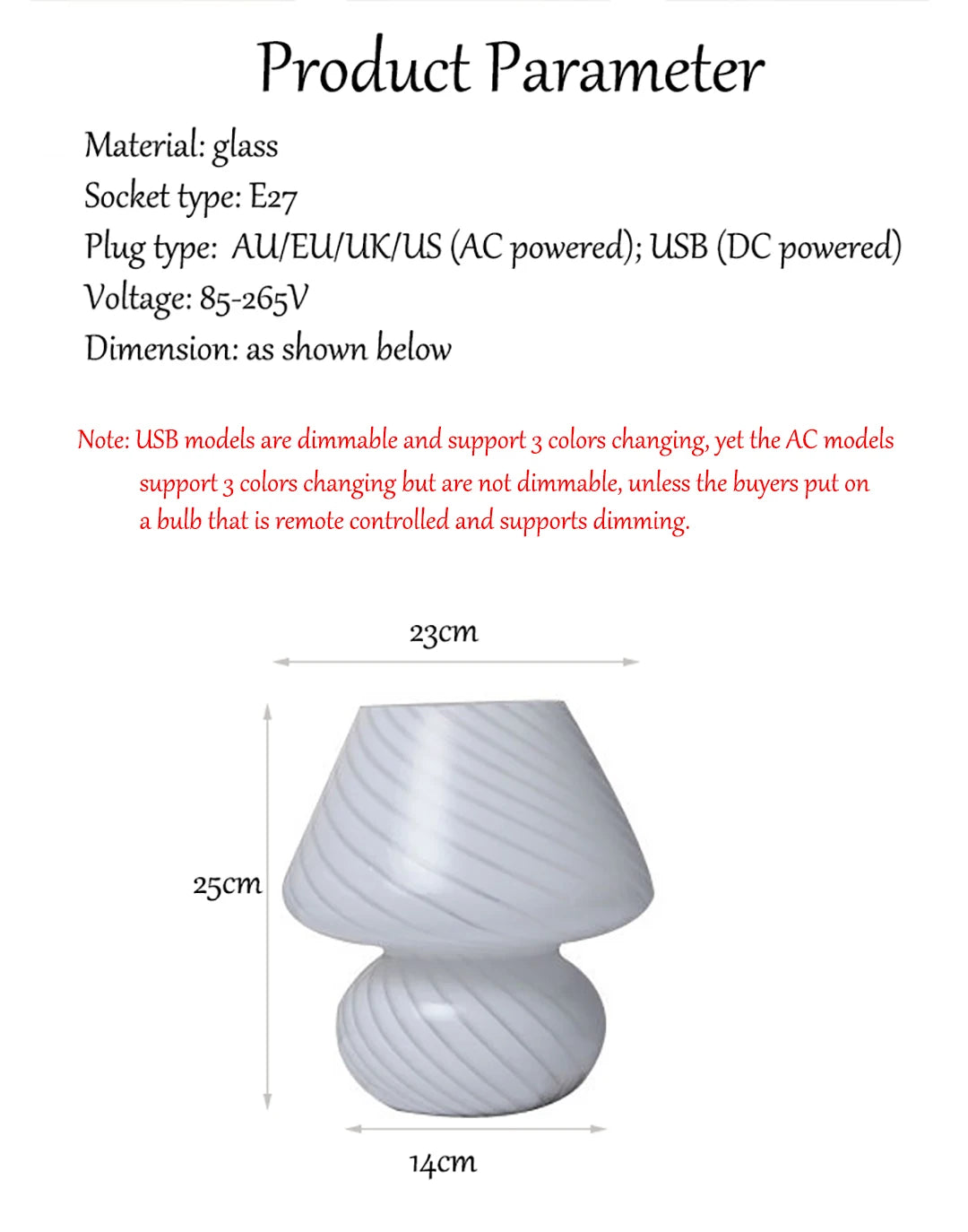 AC-Powered Large Glass Mushroom Lamp LED Mushroom Desk Light with E27 Tricolored Bulb Classic Nightstand Light for Room Decor