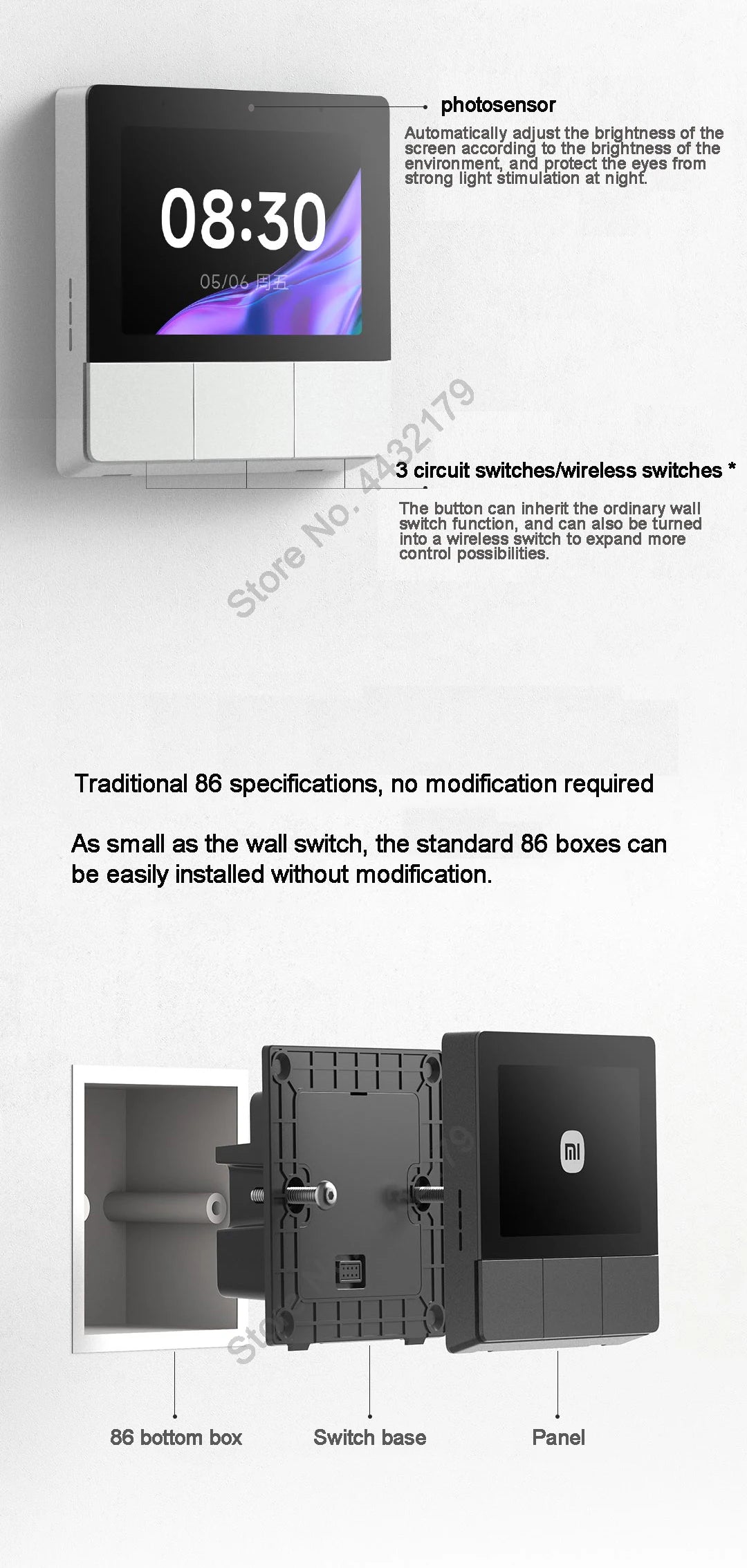 Xiaomi Smart Home Panel 3.23" Touch Screen Switch Central Control Screen Built in Bluetooth Mesh Gateway Works with Mihome App