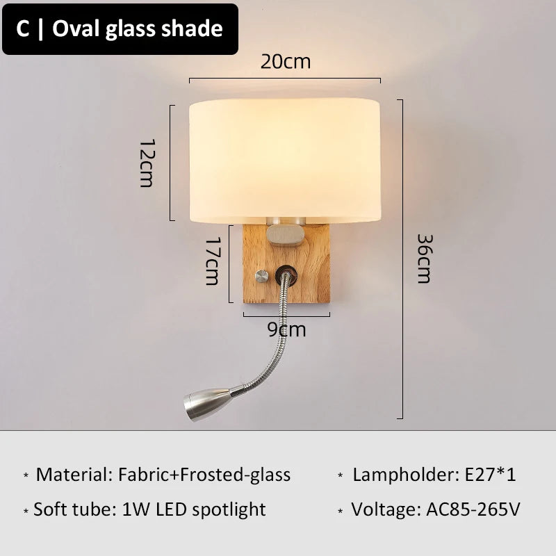 Wooden Wall Light With Oval/Rectangle Fabric Shade Base Switch Hotel Room Bedroom Frosted-glass Wall Sconce 1W Reading Spotlight