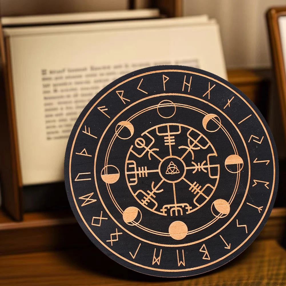 Black Round Wooden Board Laser Engraved Rune Coaster Yoga Meditation Board Healing Table Mat Spiritual Pendulum Divination Tool