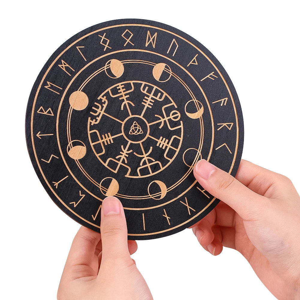 Black Round Wooden Board Laser Engraved Rune Coaster Yoga Meditation Board Healing Table Mat Spiritual Pendulum Divination Tool