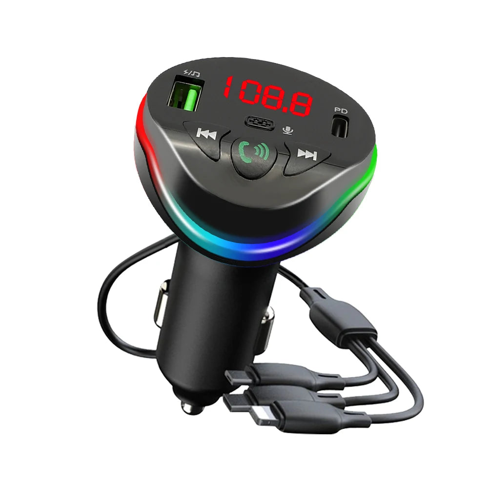 Bluetooth 5.0 Car FM Transmitter Hands-free Call MP3 Radio Modulator 3 in 1 Spring Cable Charger USB PD Car Charger for iPhone