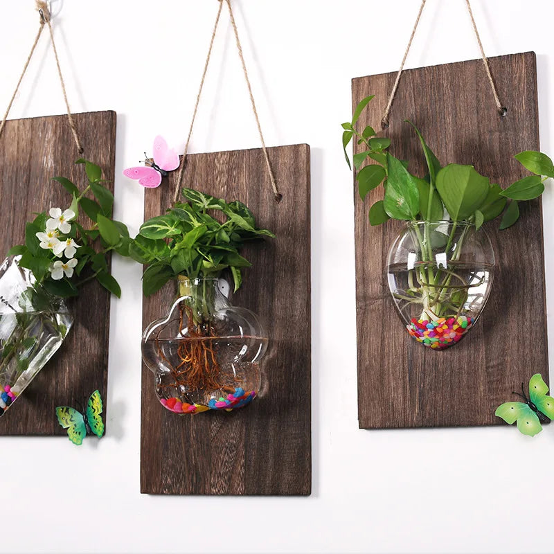 Wood Glass Wall Vases Indoor Wood Hanging Vase,Wall Decor for Bathroom Office and Living Room, Farmhouse Sconces Wall Decor