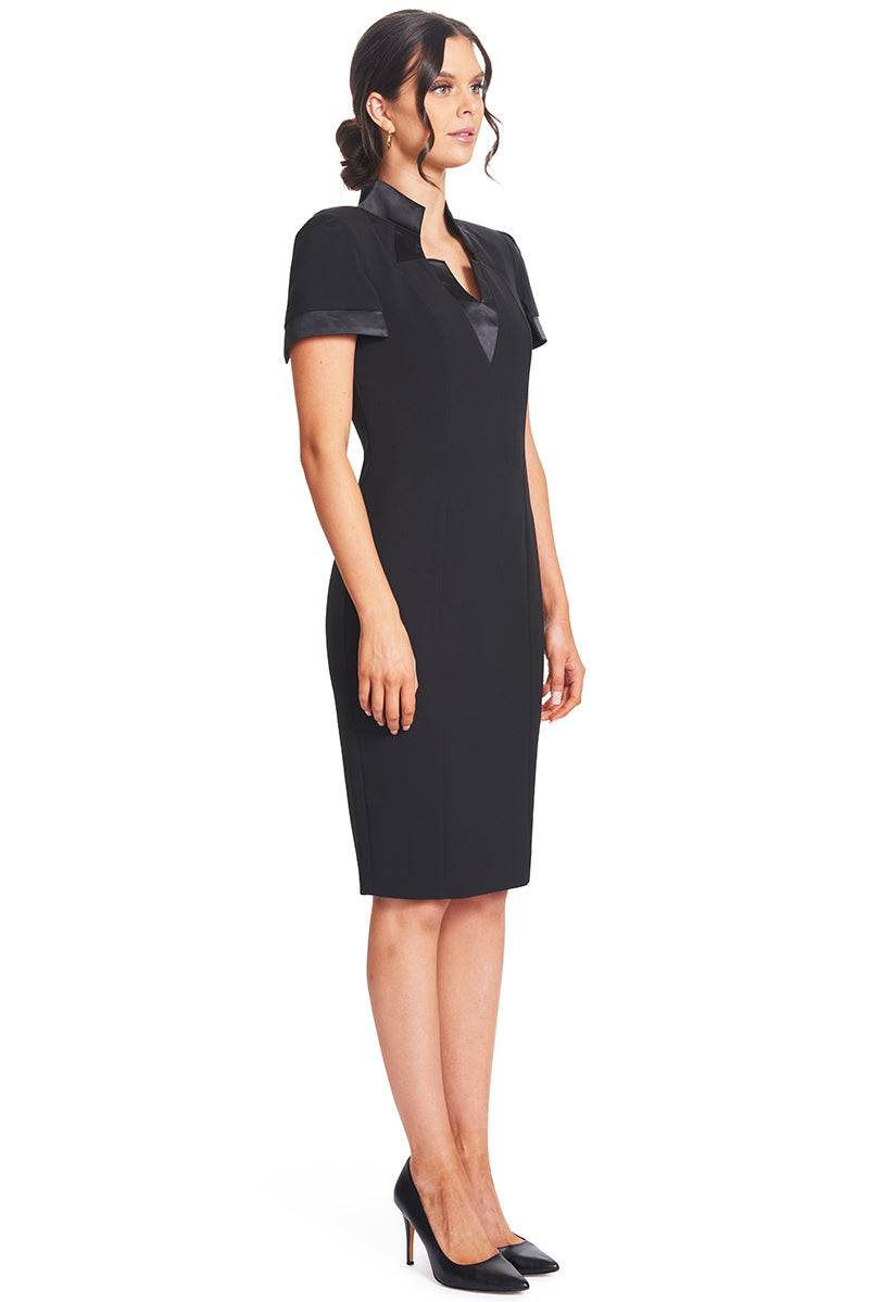 Top Notch Dress - Short Sleeve Notch Neck Black Midi Dress with Satin