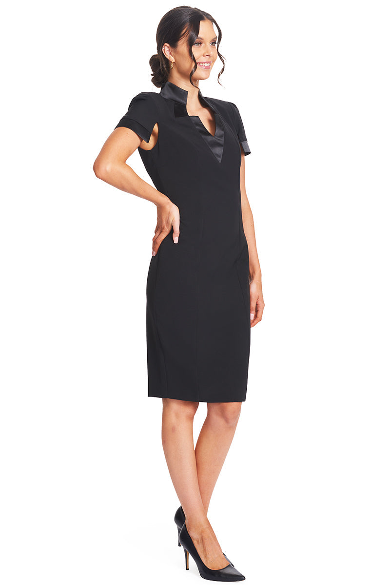 Top Notch Dress - Short Sleeve Notch Neck Black Midi Dress with Satin