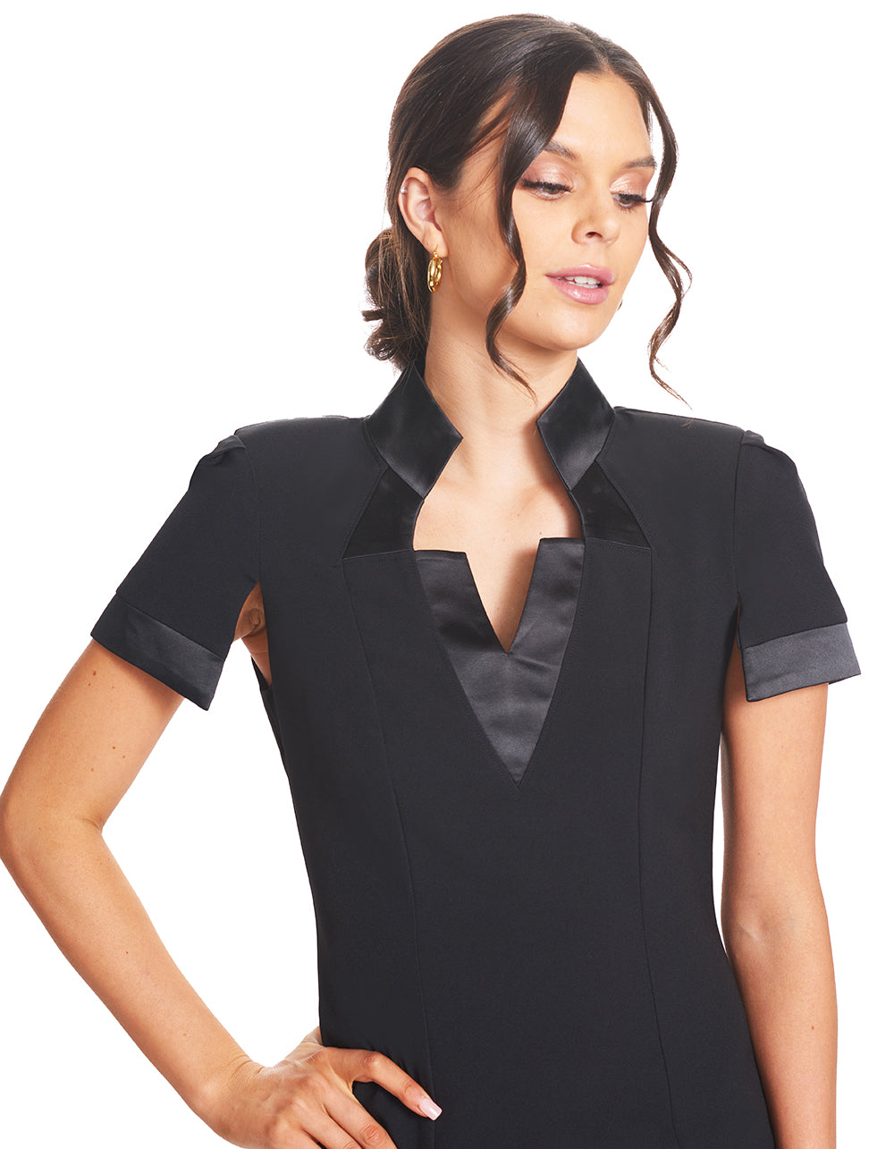 Top Notch Dress - Short Sleeve Notch Neck Black Midi Dress with Satin