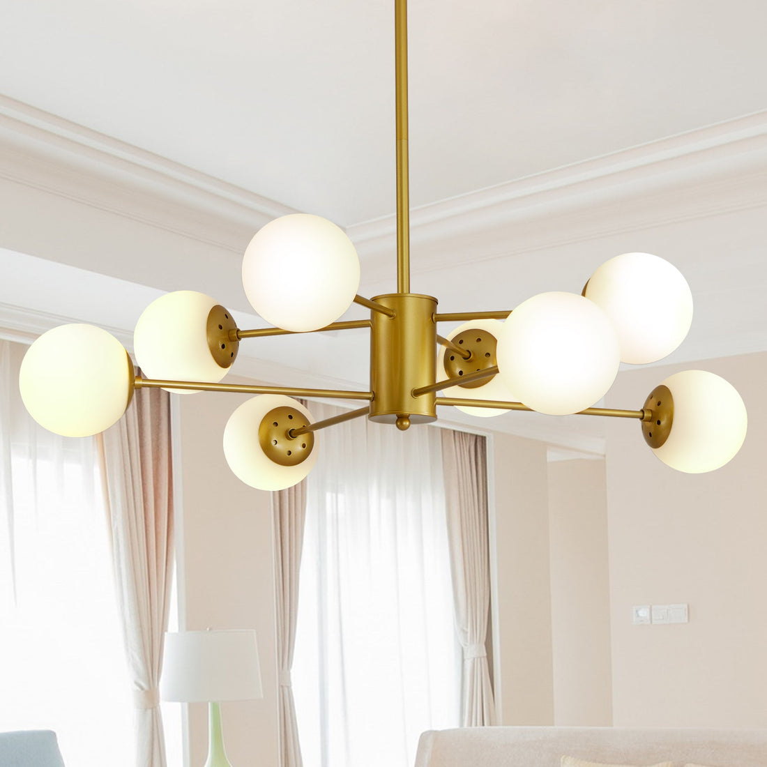 Modern 8-Light Gold Chandelier with White Glass Globe Shades,