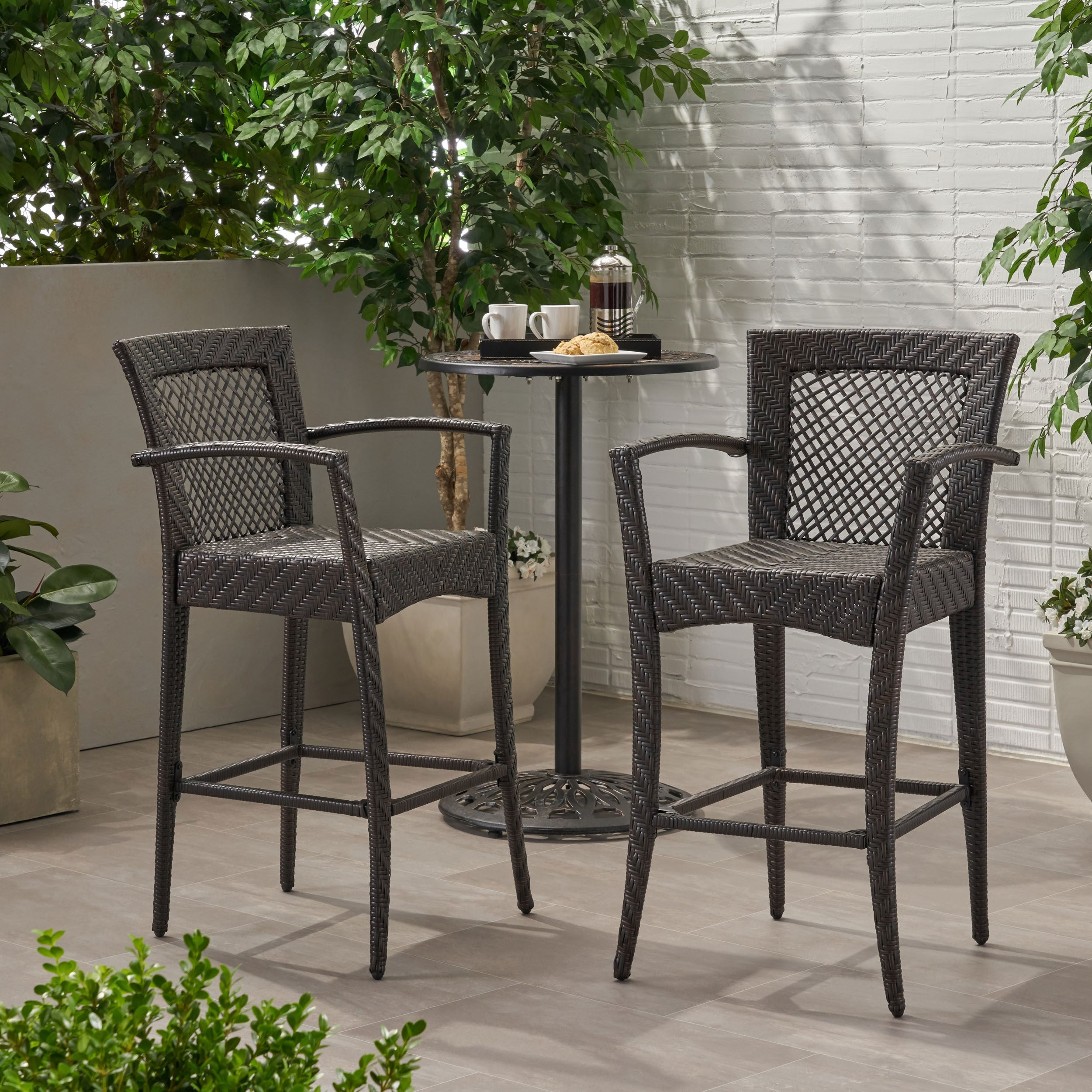 Outdoor PE rattan Barstools with Iron Frame (Set of 2), Multi Brown