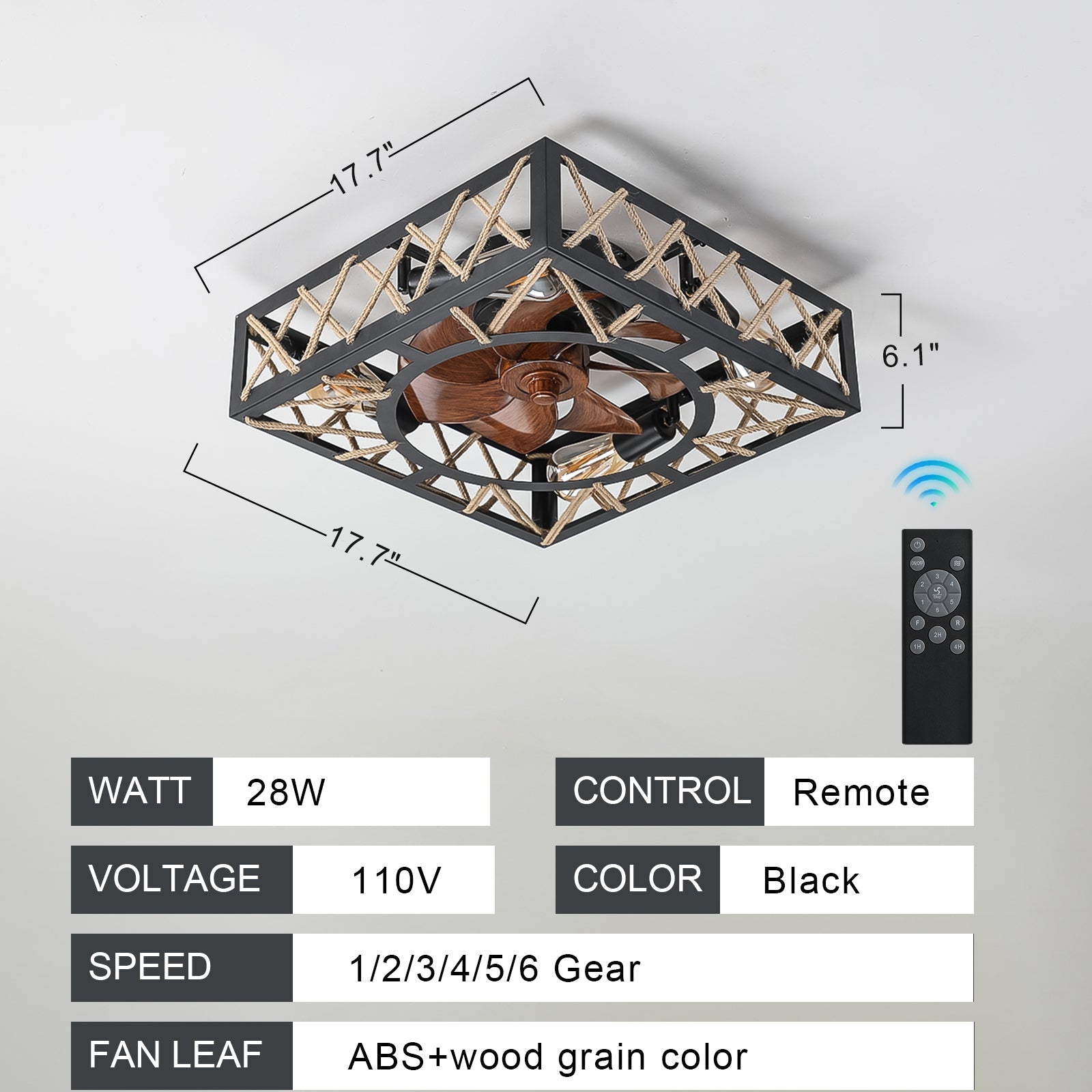 Farmhouse Rustic Ceiling Fan and Remote Control,Square Caged