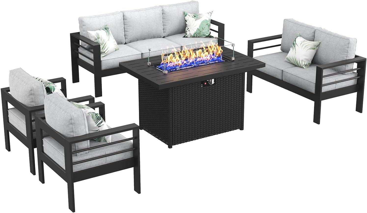 Aluminum Furniture Set with Fire Pit Table, 5 Pieces Patio Sectional