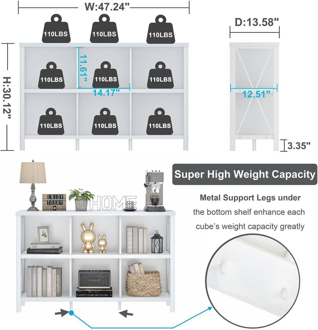 6 Cube Storage Organizer with Shelf, Long Wood and Metal Cubby