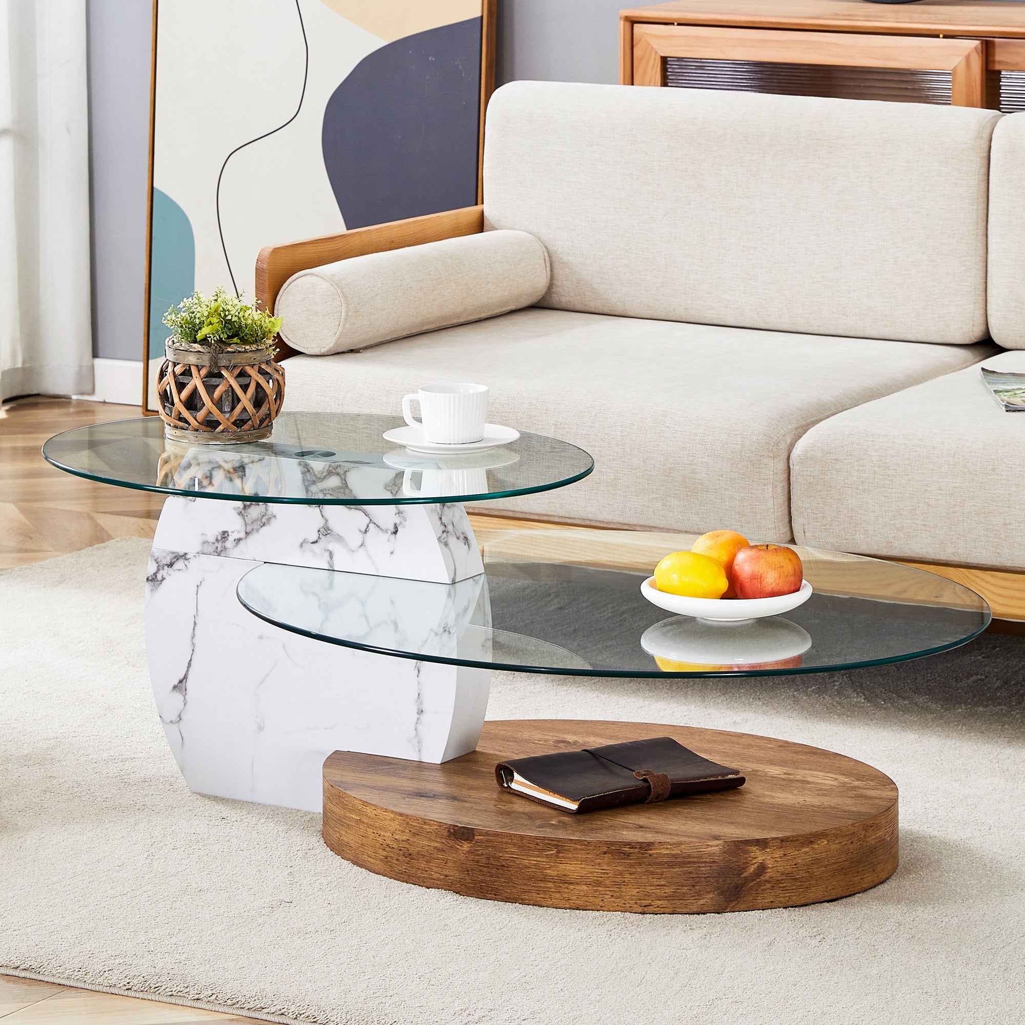 Contemporary Artistic Double Layer Coffee Table - White Marble and