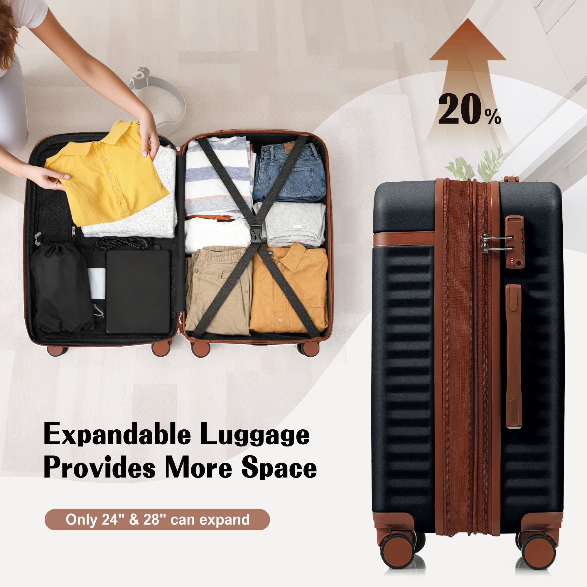 Luggage Set of 3, 20inch with USB Port, front opening design Airline