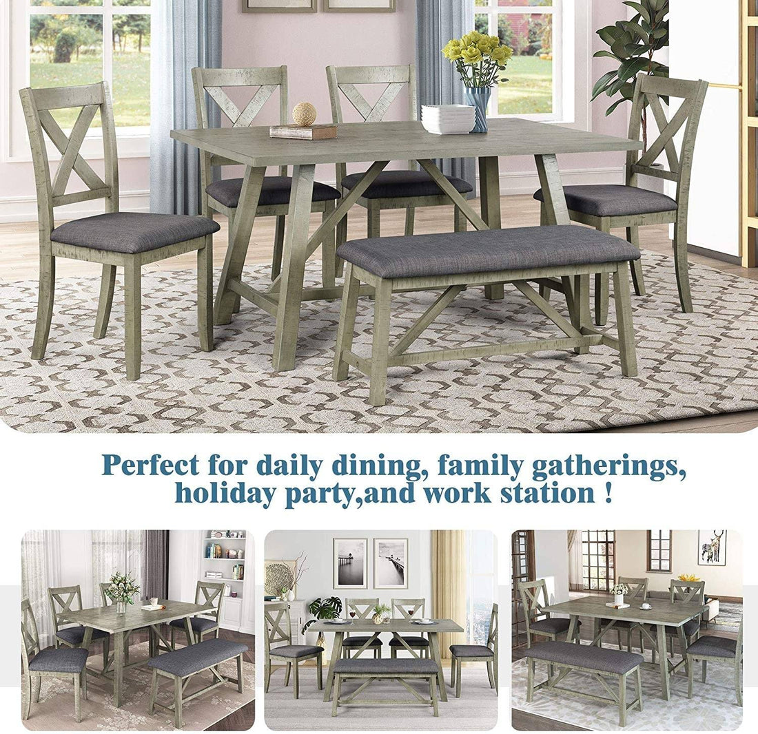 Rustic Gray Wooden 6-Piece Dining Table Set with Cushioned Chairs and