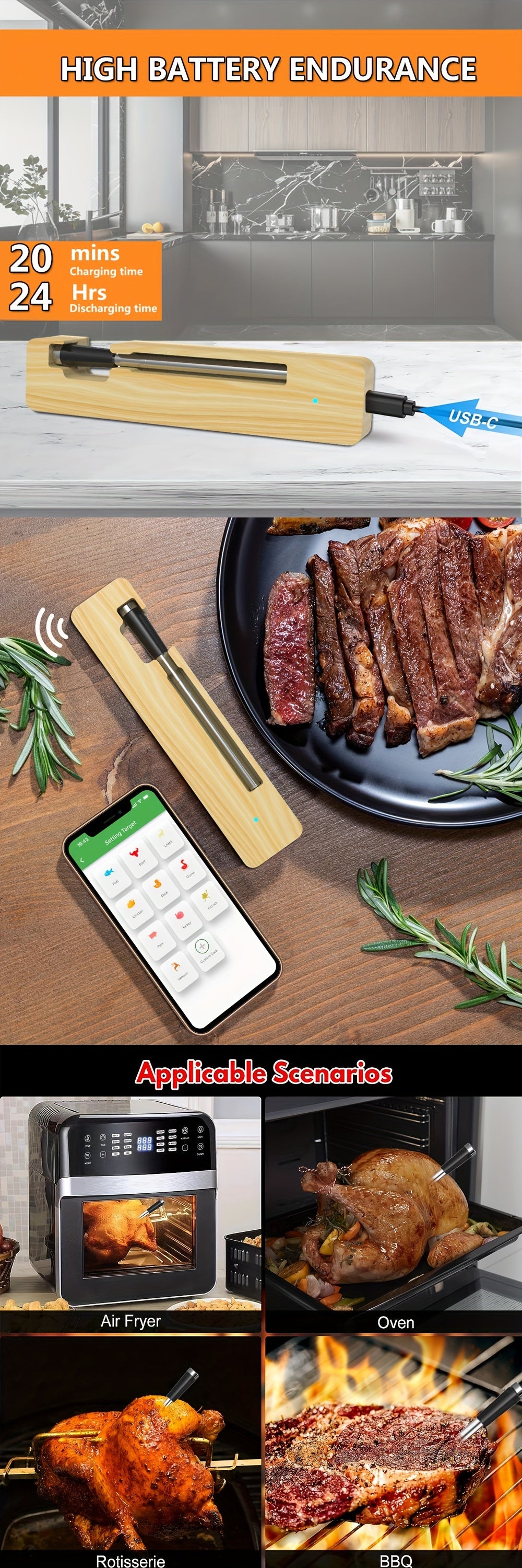 Smart BBQ Thermometer with 16ft Range