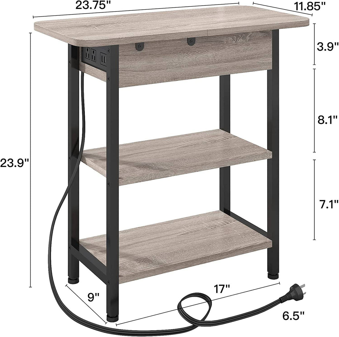 End Table with Charging Station, Flip Top Side Table for Small Spaces,