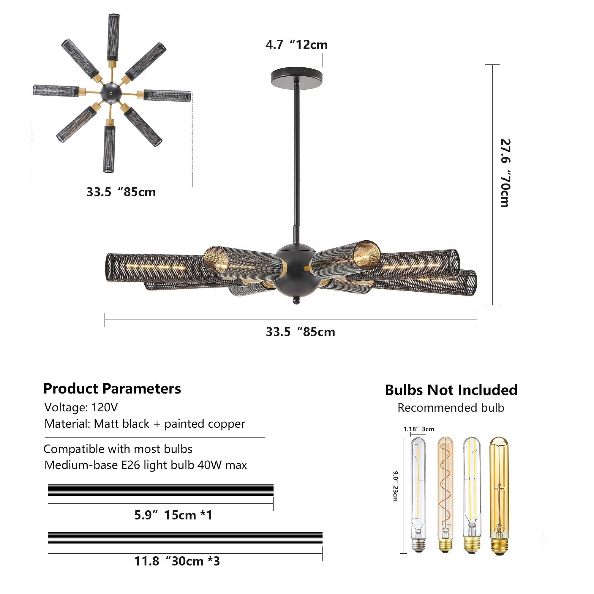 Modern Industrial Sputnik Chandelier, 8-Light Black and Gold Metal
