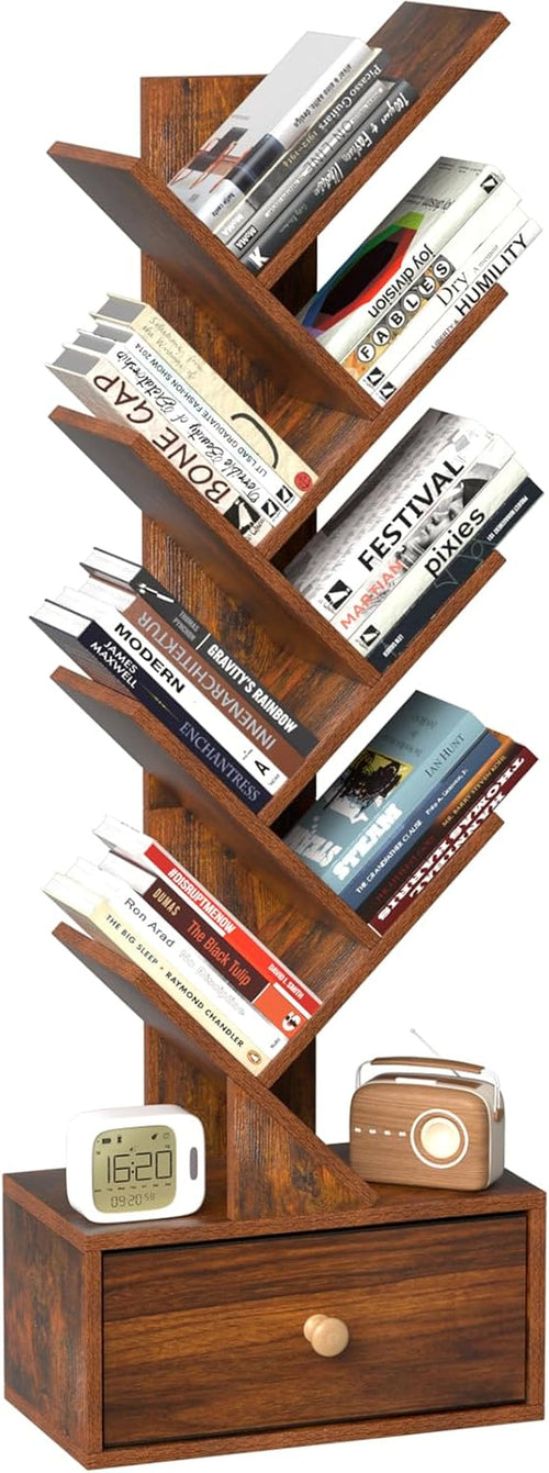 8 Tier Tree Bookshelf with Drawer, Free Standing Wood Bookcase for