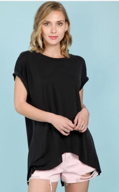 Short Sleeve Back Slit Cupro Top With Rolled Sleeves