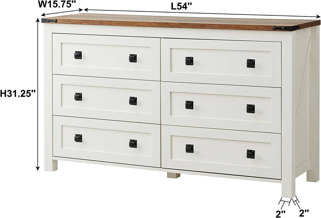 Rustic White Dresser with 6 Drawers for Bedroom Storage