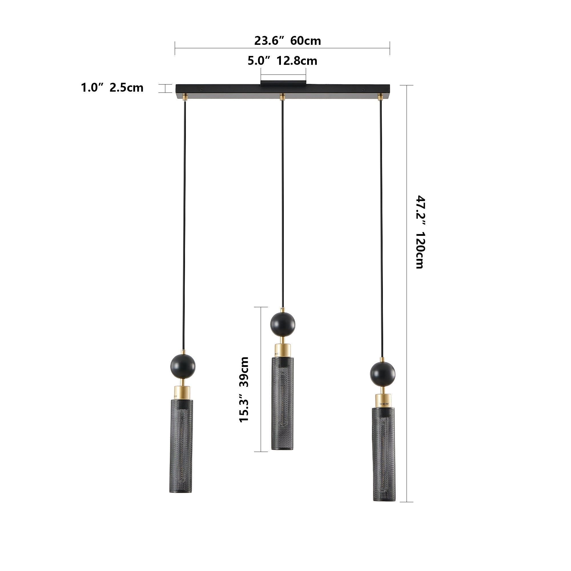 Modern Black and Gold 3-Light Pendant Chandelier, Adjustable Hanging